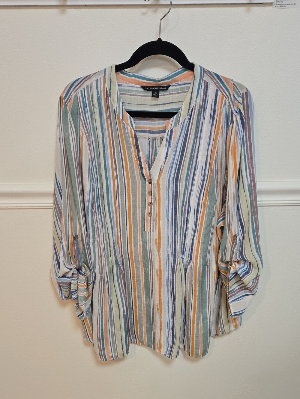 Dana Buchman Multicolor Vertical Stripe Henley Tunic - Blue, Green, Orange